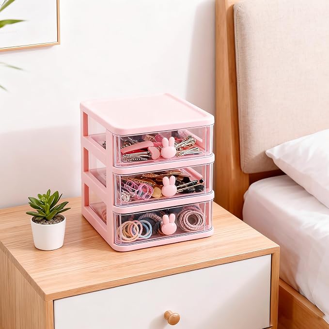 CEYAZYE Small Desk Organizer with Drawer, Stackable Makeup Organizer White, Mini Plastic Storage Box for Desktop, Bathroom Counter or Dresser, School, Home, Office(Pink-4 Tier)