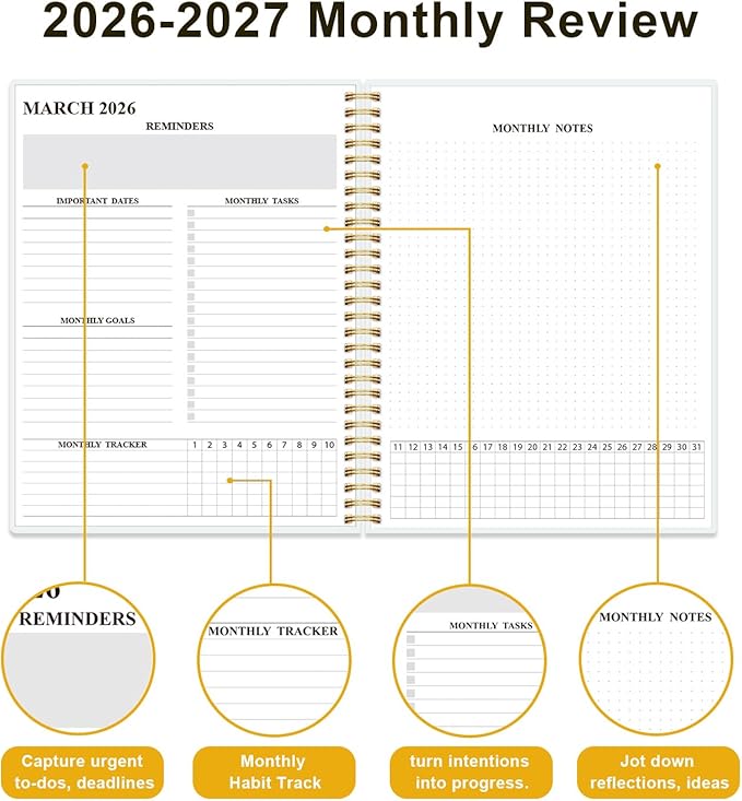 Monthly Planner 2026-2027 - Monthly Calendar from March 2026 to December 2027, 2026 Planner with Inner Pocket, Elastic Band, 8.5" x 11", Crushed Flower