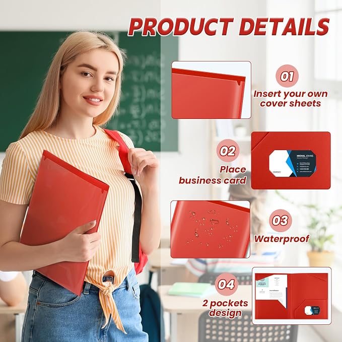 Henoyso 18 Pack Red Plastic Folders with Clear Front Pockets Heavy Duty File Folders with 2 Pockets and Card Slot for Student Communication School Office Presentation Report