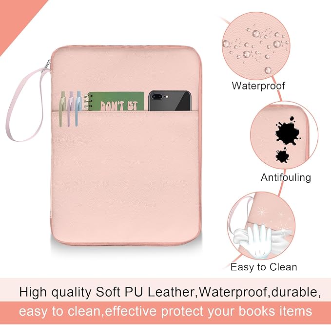 Pink Book Sleeve Kindle Pouch, Book Protector Case with Zipper, PU Leather Waterproof Book Cover Bag, Portable Book Pouch for Book Lovers Gifts Paperbacks Bibles Hardcover