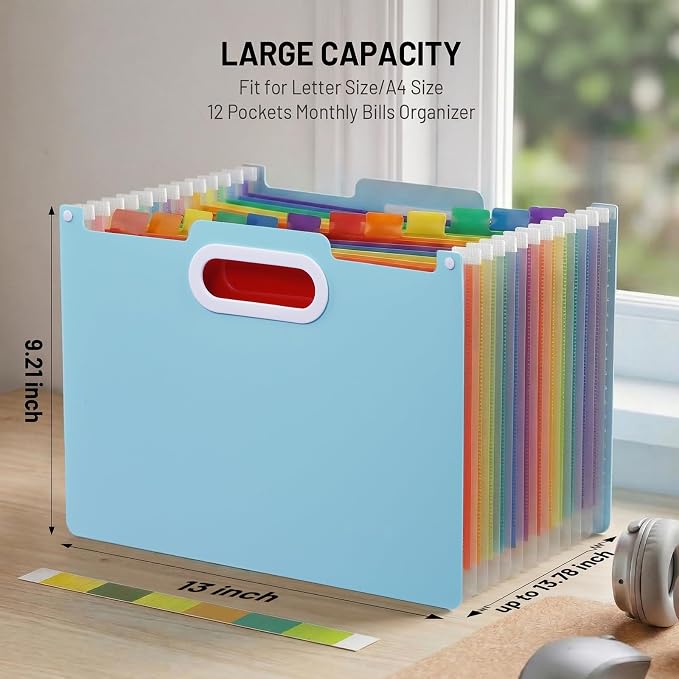 Comix Expanding File Folder, 13 Pockets Accordion File Organizer, Letter/A4 Size Document Organizer for Home Office School, Blue