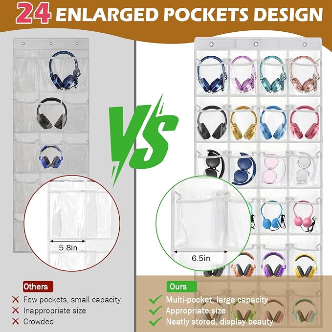 Enlarged Headphone Storage Classroom, 24 Large Pockets PVC Clear Headphone Holder for Classroom,with 3 Kinds of Mounting Accessories and Headphone Storage Stickers & Digital Stickers