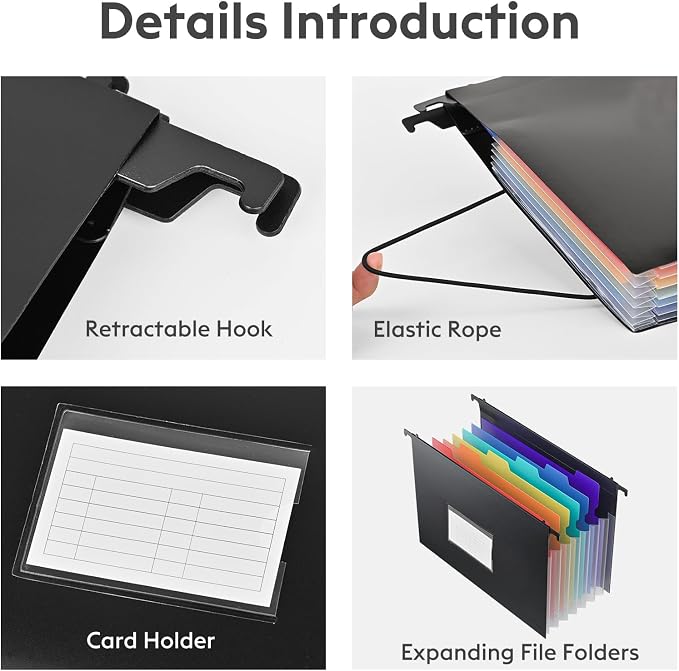 7 Pockets Expanding Hanging File Folders with Elastic Rope, Filing Cabinet Organizer with 1.2" Expansion, Drawer Folders Inserts with Tabs, Portable Dividers for Home Office School, A4 Size 3 Pack