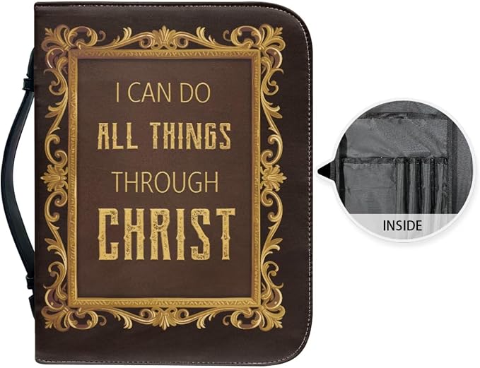 Retro Religious Style Cross Bible Case with Bookmark Waterproof Bible Cover Case for Women Lightweight Bible Bag with Handle Pockets Church Book Bag Brown