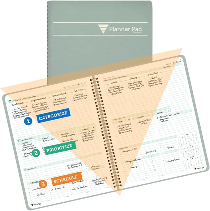Planner Pad Spiral Bound July 2026 - June 2027 / Academic Year 6 3/4" x 8 1/2" Medium 3-Tier Funnel Down 12 Month Organizer, Greenish Grey Cover/Soft Green Ink