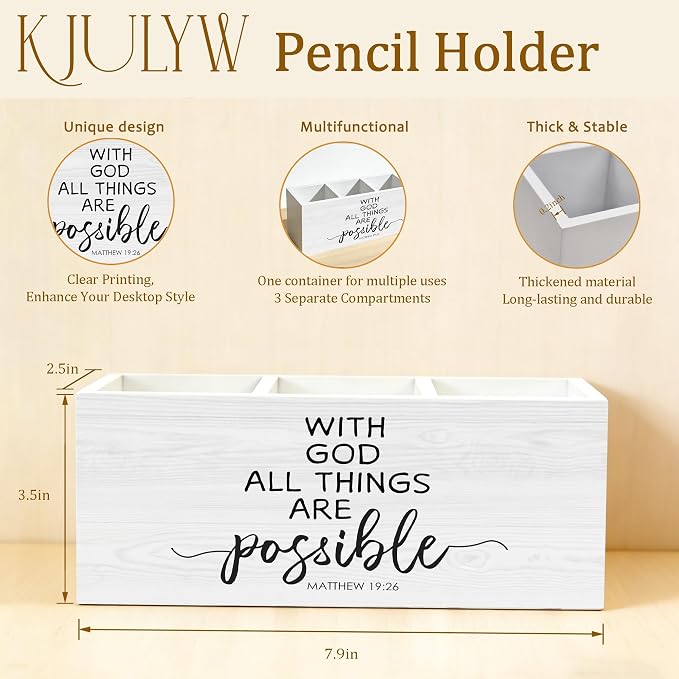 Christian Inspirational Pen Holder for Desk, with God All Things Are Possible Religious Bible Verse Wooden Box Pencil Pen Holder Organizer for Home Office Desk Accessories