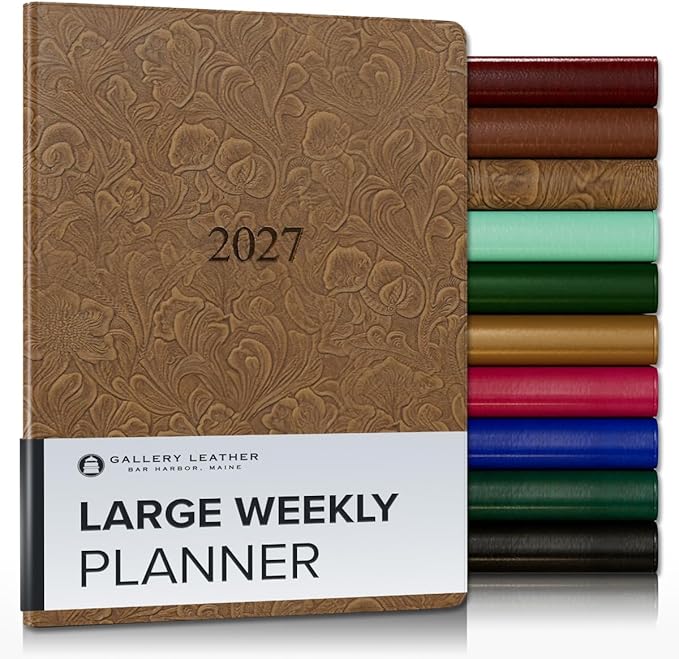 Gallery Leather Large Weekly Monthly Planner 2027, Elegantly Bound Calendar Planner and Notebook with Stylish Gold-Gilded Page Edges, 12 Months - Floral Espresso - 9.75x7.5"