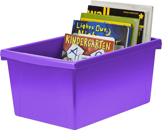 Storex 5.5 Gallon Storage Bin – Plastic Classroom Organizer for Books and Supplies, Violet, 1-Pack (61486C06C)