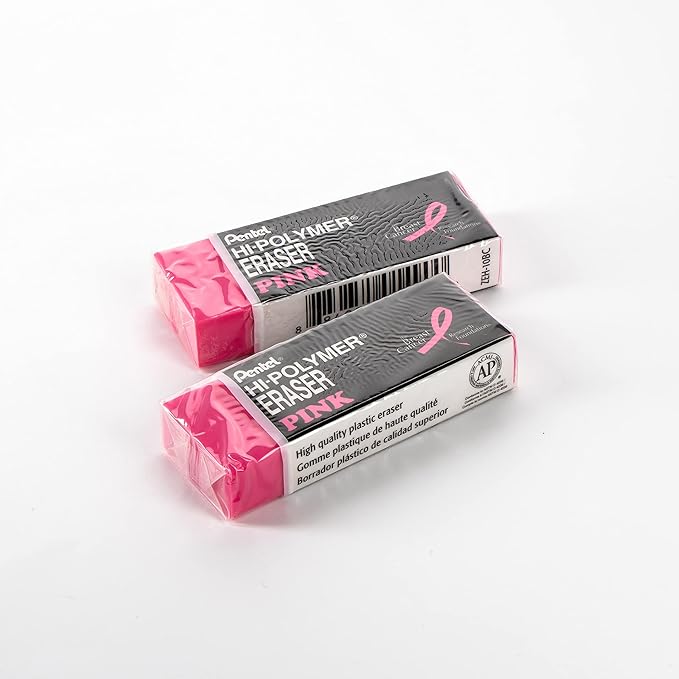 Pentel PINK BCA Hi-Polymer Block Eraser, Large, Pink, Pack of 2 (ZEH10BCBP2)