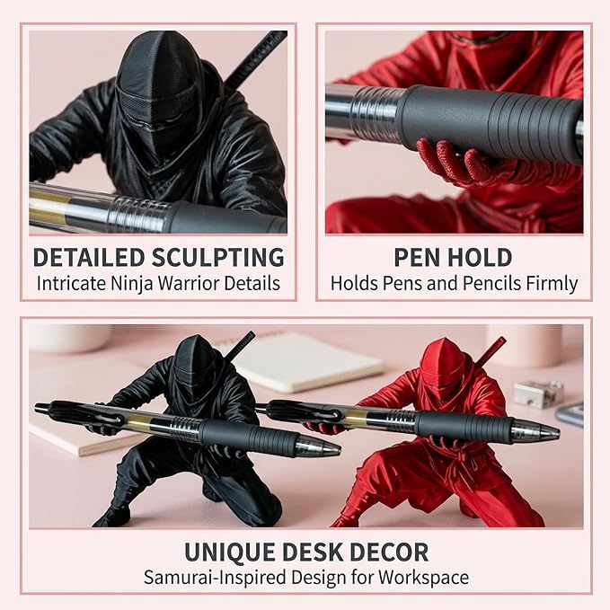 2 PCS Ninja Pen Holder, Ninja Warrior Pen Holder for Desk, Samurai Pen Holder with Sword Pens, Ninja Warrior Accessories for Office and Home Decor, Ninja Figure Pen Stand(Black and Red)