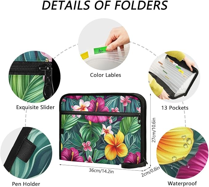 13 Pockets Expanding File Folder Hawaii Floral Palm Leaves Accordion File Organizer A4 Letter Size Paper Document Storage Zipper Expandable Folders with Labels