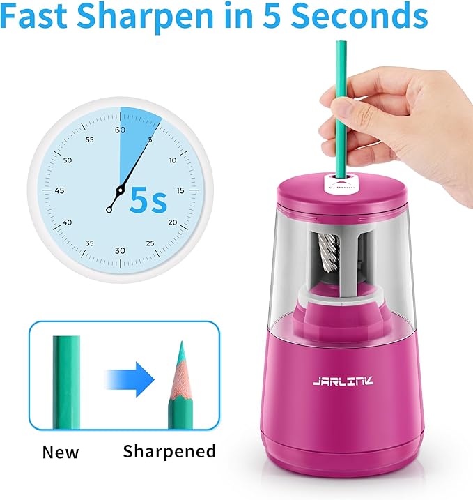 JARLINK Electric Pencil Sharpener, Heavy-Duty Helical Blade to Fast Sharpen, Auto Stop for No.2/Colored Pencils(6-8mm), AC Adapter/Battery Operated in School Classroom/Office/Home (Pink)