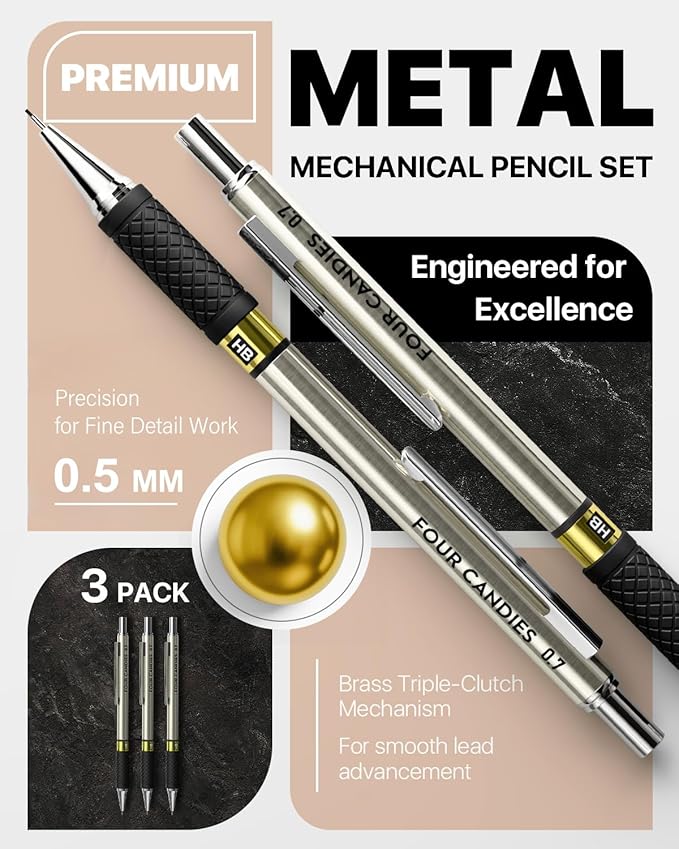 3PCS Metal Mechanical Pencil Set with 0.5 mm Fine Point, 360 Leads, 12 Erasers, Art Mechanical Pencils Pack with Storage Case for School Writing, Sketching, Drawing & Professional Drafting