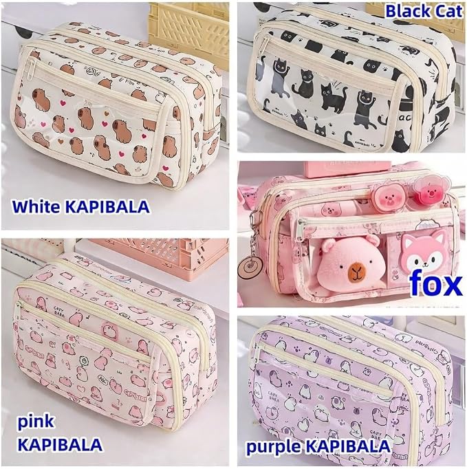 Cute Kawaii Pencil Case Pouch Cartoon Pen Box Holder Organizer for Office Workspace Supplies Desk Accessories Travel Essentials Aesthetic Trendy Cool Stuff Gift Large Capacity (Pink Kapibala)