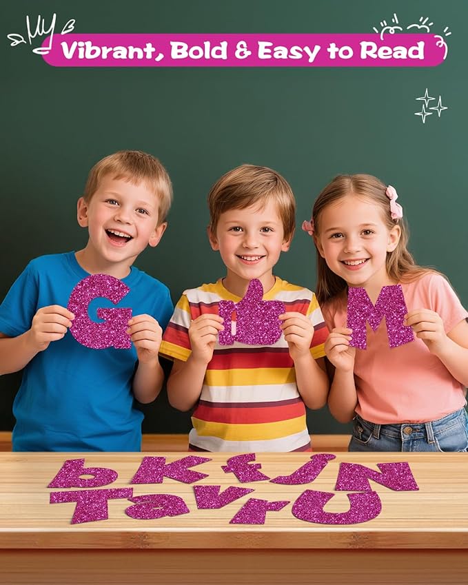 249 Pcs Glitter Bulletin Board Letters Numbers and Punctuation, 4 Inch Alphabet Poster Board Cardboard Letter Cutouts with Adhesive Dots for Classroom Bulletin Board School Decorations (Hot Pink)