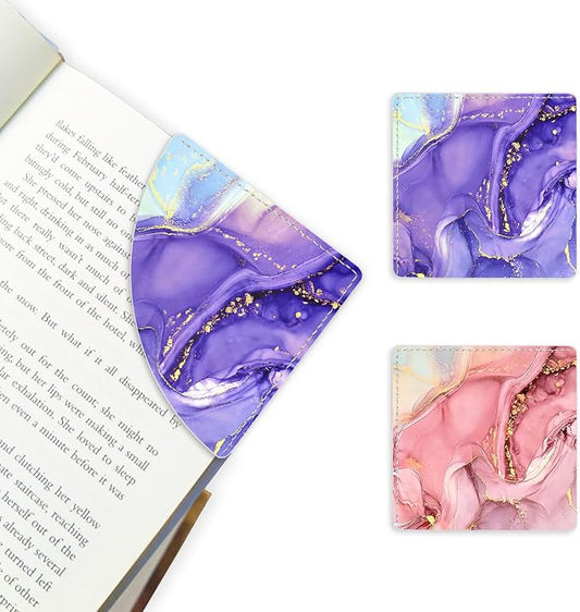 2 Pack Pink and Purple Marble Leather Book Corner Bookmark, Durable Handmade Reading Accessories - Gifts for Readers, Women, Men, Teachers, Students