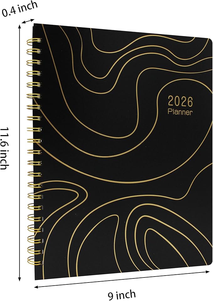 Sonjade Planner 2026 Daily & Weekly & Monthly, Spiral Bound, Academic Schedule Planners, Work Business Life Goal Calendar Planner, Appointment Book, Organiser Notebook, Black with Gold Design, 9 x 11.6 Inch, Black