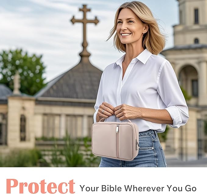 Small Bible Cover Case for Women and Men, 9x6 PU Leather Bible Sleeve, Compact Travel Bible Carrier Bag with Front Pen Holders, Zipper Closure, Inner Pockets - Beige