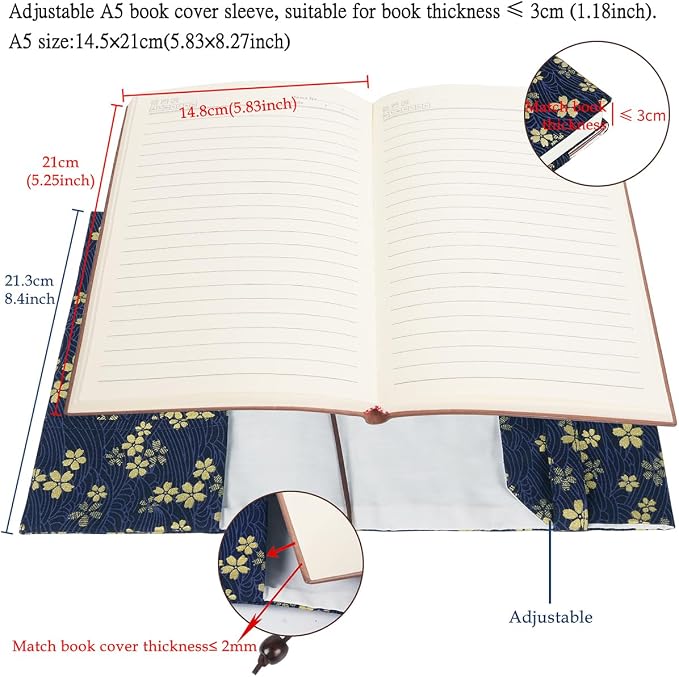 Book Cover for Paperbacks, Book Sleeve Cover for Hardcover, A5 Soft Cloth Book Protector Fit for 5.5×8.2 inch Notebook Textbooks Softcover Book Novels Bible - Navy Blue Cherry Blossom Pattern