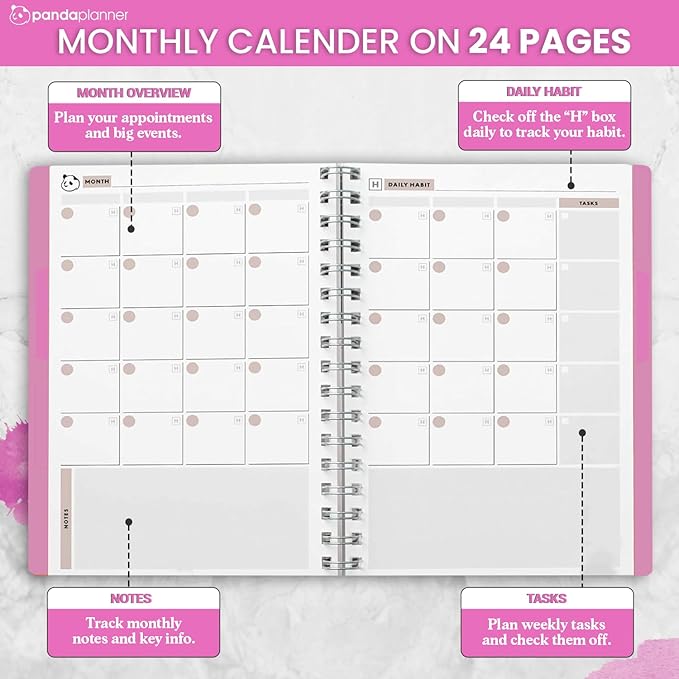 Panda Planner 2026 Undated Weekly Planner, Weekly To Do List Notebook with Spiral Binding - 5.75” x 8.25”, 52 Weeks - Undated Planner with Habit Tracker Notebook for Home, School & Office (Pink)