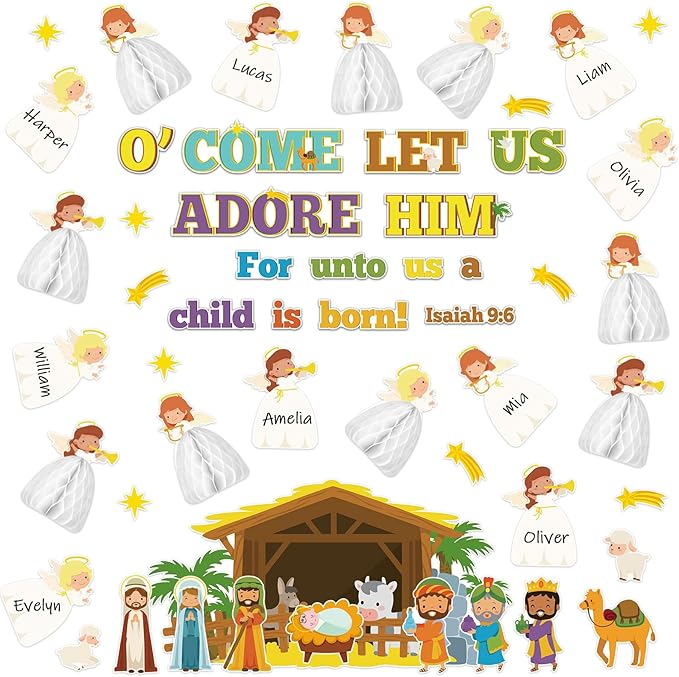 Zhanmai Christmas 3D Bulletin Board Set Paper Cutouts with String Lights Holiday Wall Bulletin Board Decorations for Home Office Holiday Party Supplies(Nativity)