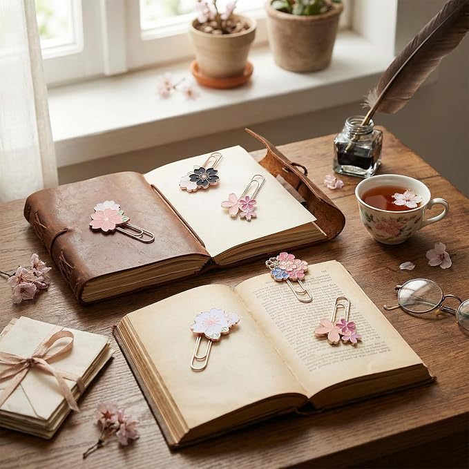 7 Pcs Cherry Blossoms Paperclip, Pretty Book Decorative Paper Clips Metal Paperclips for Bookmarks Fun Paper Clips Office Supplies Present for Bookmark Clamp Desk Stationery Accessories