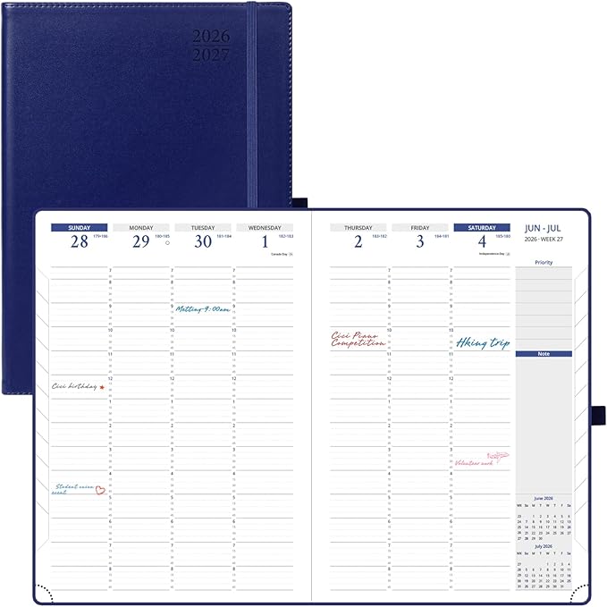 POPRUN 2026 Planner - Weekly And Monthly Planner (A4 Size 8.25'' x 11.75''), 15-Minute Hourly Planner & Appointment Book (Jan 2026 - Dec 2027), Monthly Tabs, Inner-pocket - Night Sky Navy Blue