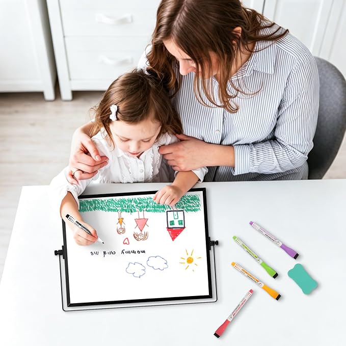 Dry Erase White Board, WALGLASS 16" x 12" Small Desktop Whiteboard with Stand, Double-Sided Magnetic Whiteboard, Portable Dry Erase Board for Kids Drawing, Study, Home, Office, School (Black)