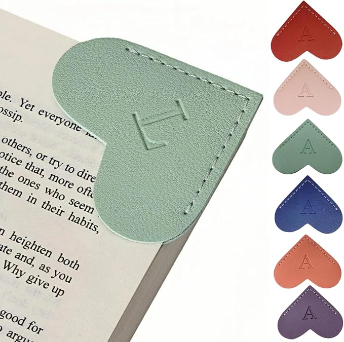 Personalized Leather Heart Bookmarks with Initials, 26 Letters Custom Corner Book Mark for Reading Women,Teacher, Student, Book Lovers Book Marker, Meaningful Gifts (Dark Blue+Light Green,L)