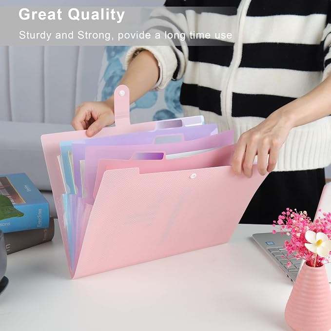 NAFY Colorful Expanding File Folder, 5 Pockets Folder with Colored Labels Portable Weave Pattern Accordion File Folder A4 Letter Size Project Organizer Document Folder for office school (Black+Purple)