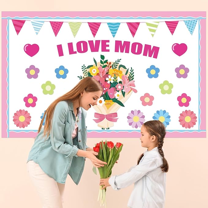 QOUBAI Mother's Day Bulletin Board Set I Love Mom Classroom Bulletin Board Decorations Mothers Day Flower Heart Cutouts Classroom Decorations for Preschool Nursery Toddler Kids Spring Decor Wall Door