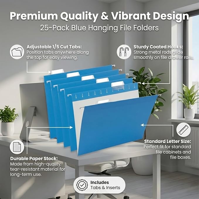 VZCPYTPM 25 Pack Hanging File Folders Letter Size,Blue Reliable Hanging Folders for Filing Cabinet,Reinforced Rods for Smooth Gliding,Includes 1/5 Adjustable Tabs & Inserts,Ideal for Home & Office
