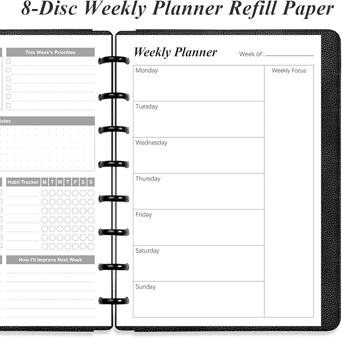 Weekly Planner Undated Refills - Junior Size 53 Sheets/106 Pages Weekly Planner for 8-Disc Discbound, 100 gsm White Paper, Lasts 1 Year, Undated, 5.8" x 8.3", Black