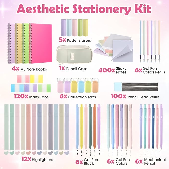 Watersay 64 Pcs Aesthetic School Supplies with Pencil Case, Notebook, Highlighters, Gel Pen, Mechanical Pencil, Correction Tapes School Office Stationary Set Bible Study Preppy Student Essentials Kit