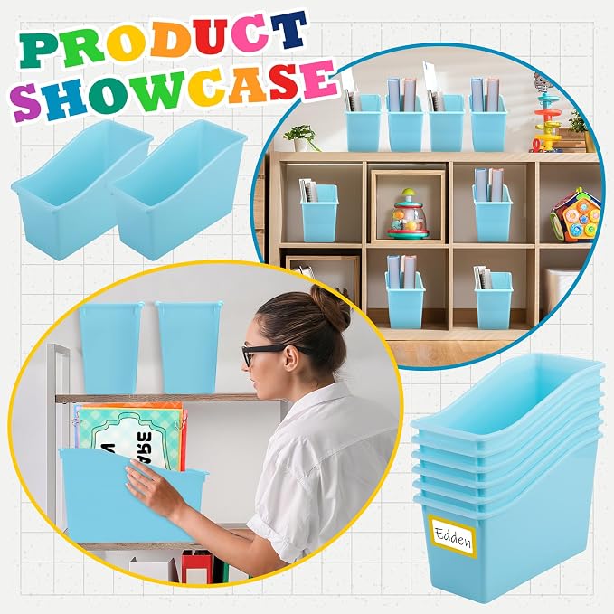 Jinei 24 Pack Waterspout Color Book Bins for Classroom Bulk Binder Holders with Name Labels Plastic Organization Book Baskets Teacher Storage Boxes for Classroom Home Office