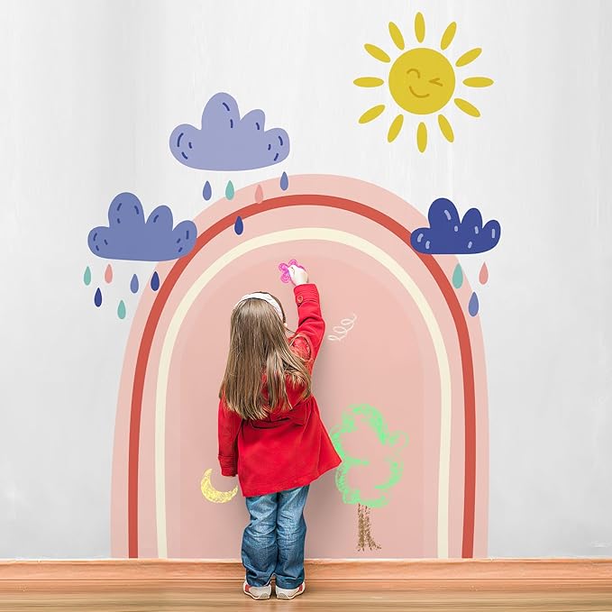 Magnetic Chalkboard Wall Peel and Stick Exclusive Rainbow and Cloud Wallpaper 54" Wx70 H Roll Magnetic Arch Chalkboard for Wall Self Adhesive Wall Sticker for Office School Playroom Bedroom, Pink