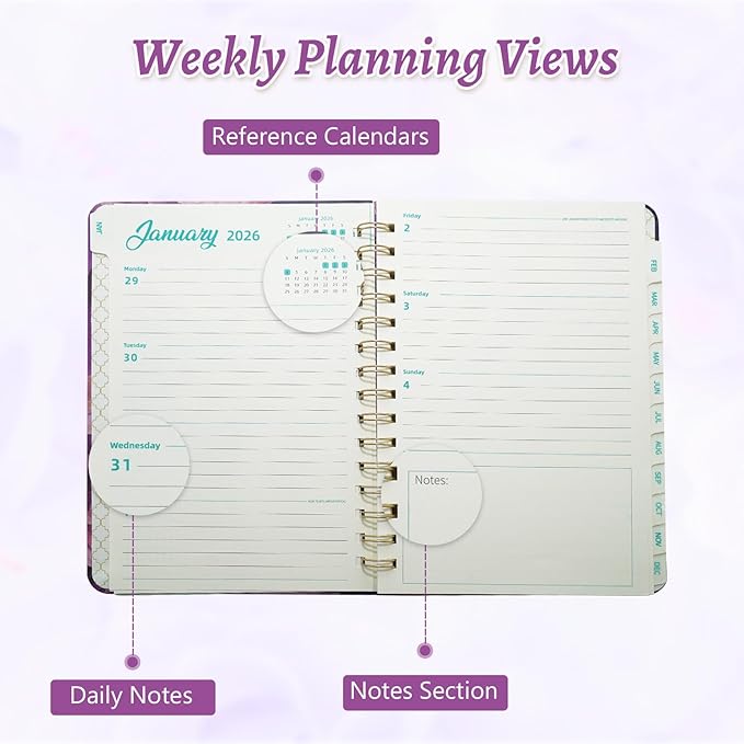 2026 Planner, Weekly and Monthly Calendar Planner for Women, Jan 2026 - Dec 2026, Hardcover Planning Agenda book with Tabs, Spiral Bound, Inner Pocket, Perfect for School Office Supplies, 8.4" x 6.3" (Purple)