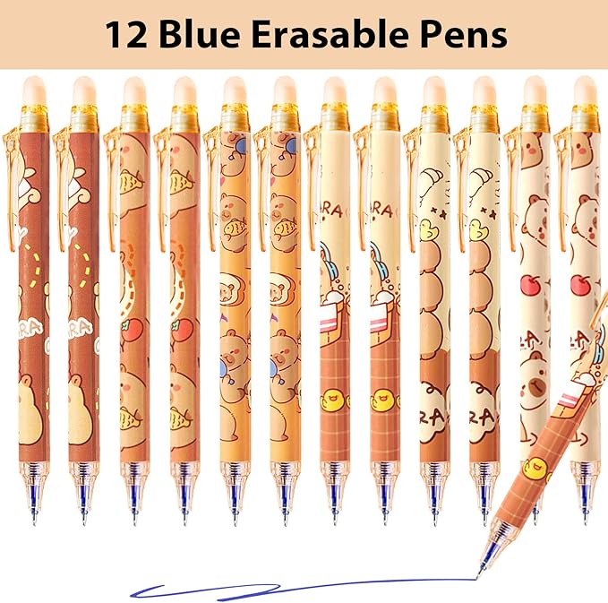 12 PCS Cute Erasable Pens,Capybara Erasable Gel Ink Pens,0.5mm Blue Ink - Retractable, Cute Capybara School Supplise,Kawaii Capybara Stationery Set,Perfect for Office, School, Women,Man