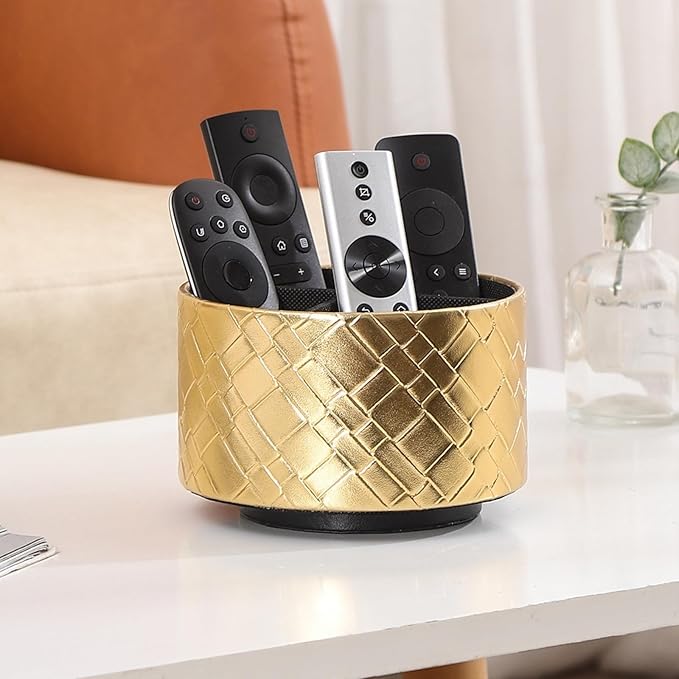 TV Remote Holder, PU Leather 360 Degree Rotating Remote Caddy with 4 Compartments, Bedroom Nightstand, Gold PH103
