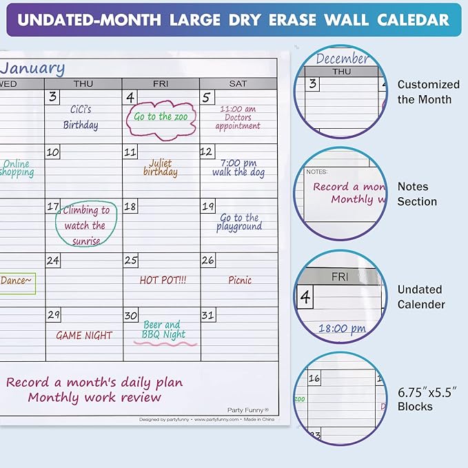 Dry Erase Monthly Extra Large White Board Calendar for Wall, 38" by 50", Jumbo Laminated Erasable One Month Whiteboard Calendar, Huge Oversized Blank 30-Day Poster with Lines and Squares