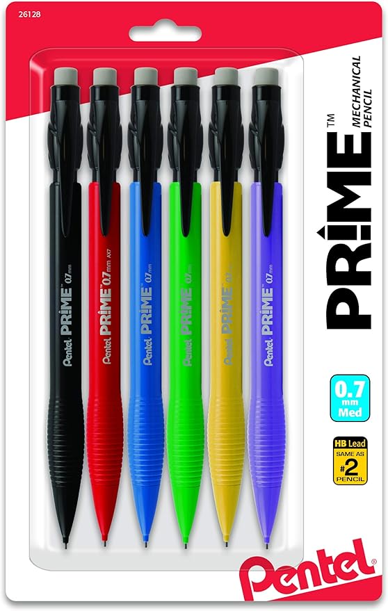 Pentel Prime Mechanical Pencil (0.7mm) Assorted Barrel Colors Pack of 6 (AX7BP6M)