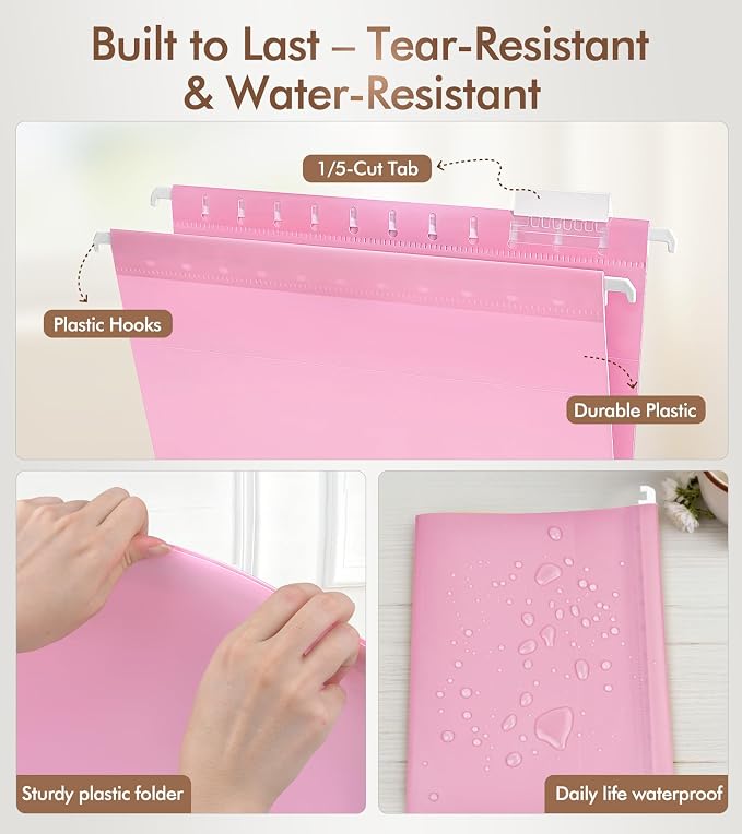 Plastic Hanging File Folders Letter Size, Colored Hanging File Folders with Tabs, Durable Waterproof Plastic Hanging Folders for Filing Cabinets, Office, School & Home Organization (15, Pink)
