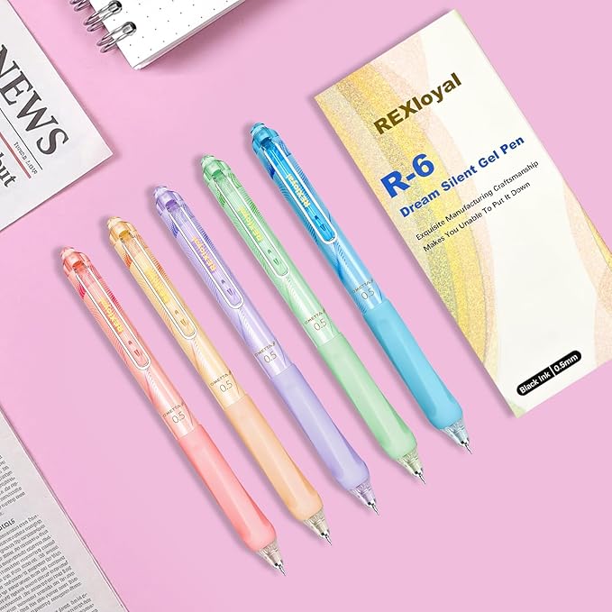 Black Ink Gel Pens: 5 Count Quick dry 0.5mm Fine Point Pens - Smooth Writing Silent Clicker Retractable for School Office & Cute pretty gift