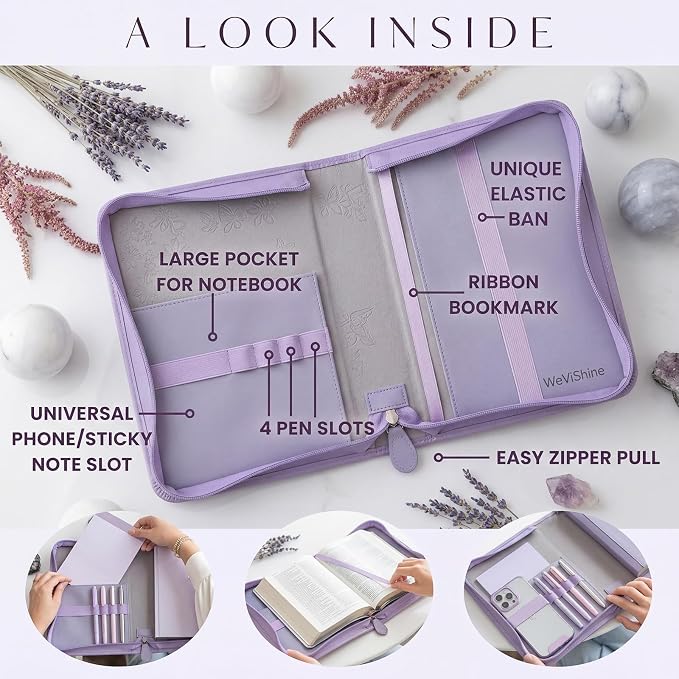 Large Bible Cover for Women, Large PU Leather Bible Case with Elegant Embossed Floral Pattern, Interior Pockets for Phone Pen & Notebook, Elastic Strap, Christian Gifts for Women(Purple)