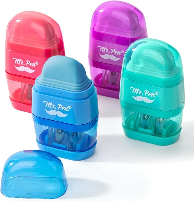 Mr. Pen- Pencil Sharpener & Eraser, 4 Pack, 2-in-1 Manual Sharpeners with Canister, 2 Sharpening Holes for Standard & Jumbo Pencils, Colorful Dual Hole Design for School, Office, Home, Kids