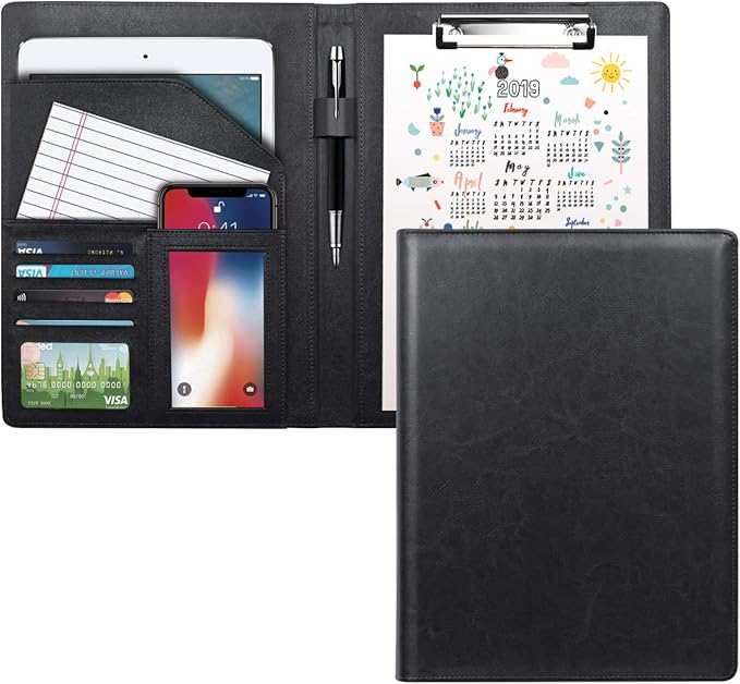 WAVEYU Business Portfolio Folder for Men Women, Padfolio Cover, Conference/Resume/Legal Document Organizer with Letter/A4 Size Clipboard Hardboard, Business Card Holders, Document Sleeve, Black