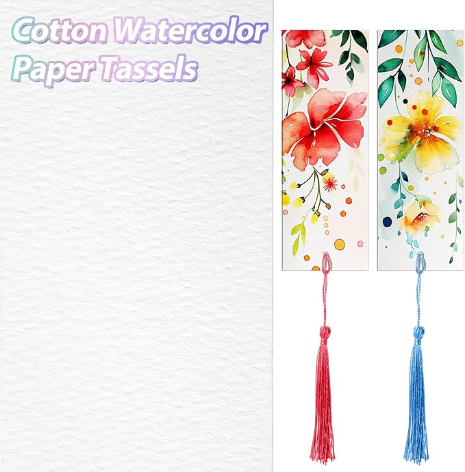 Skyygemm 200 Pcs Watercolor Paper Blank Bookmarks with Colorful Tassels DIY Book Marks Kit Cotton Watercolor Paper Bookmarks with Hole Bookmark Pad for DIY Classroom and Gifts Tags, 5.5 x 2 Inches