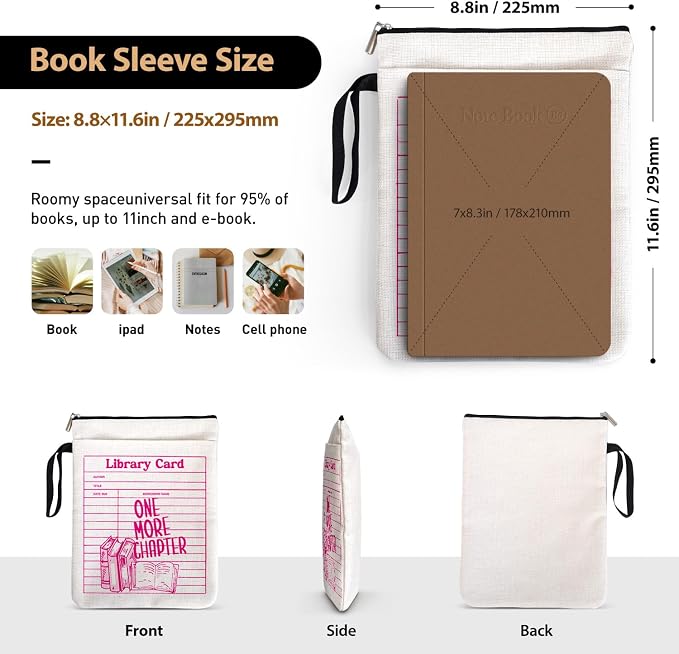One More Chapter Pink Decor Book Sleeve for Women Teen Girls, Vintage Library Card Book Cover for Librarian Book Lovers Friends with Zipper & Handle, Reading Day Gifts for Book Club Bookworm