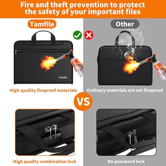 Fireproof Accordion File Organizer with Lock, 5200℉ Document Organizer | Thickened, 13 Colorful Pocket, with Zipper & Labels, Important Document Organizer, Expanding File Folder, with Handle, Black