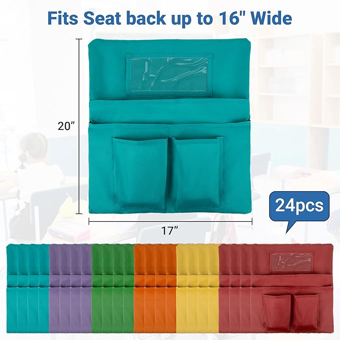 Chair Pockets for Classrooms 24 Pack,17 x 20 inch Multicolor Chair Back Buddy Pockets with 4 Pockets & Name Slot & Tags, Back of Chair Organizer for Classroom Chairs Seat Storage
